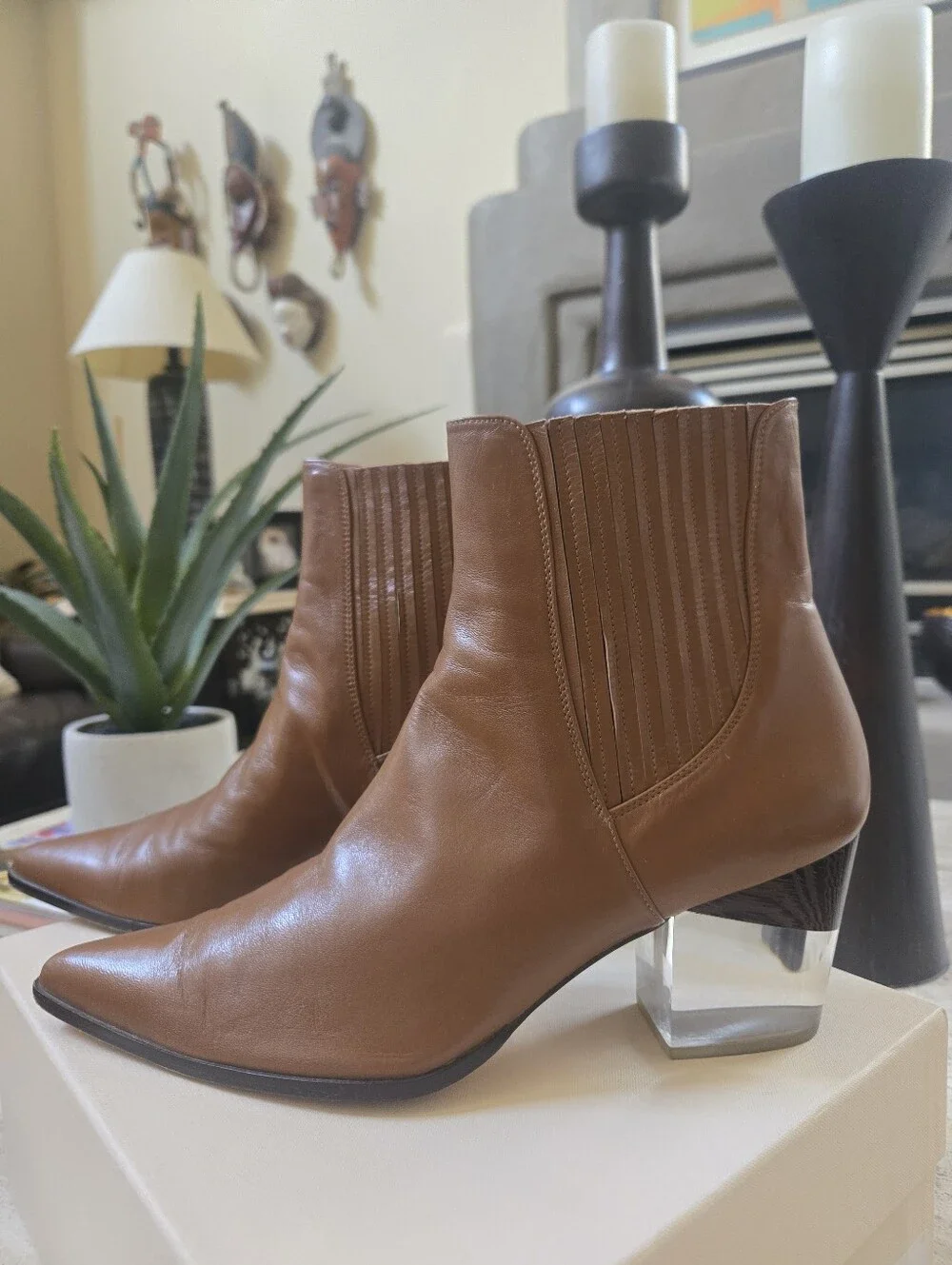 *Birman* Bravo Ankle Bootie with Clear Block Heel In Cognac Leather - Size 9/40